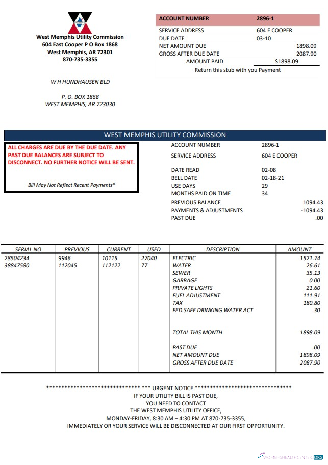 download download USA Arkansas West Memphis utility bill template in Word and PDF format PDF template PDF template